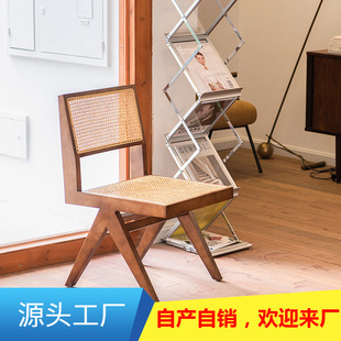 北欧复古实木靠背椅设计师工作室餐厅藤编椅无扶手餐椅中古风椅子
