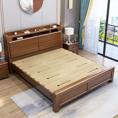 实木床胡桃木色高箱1.5婚