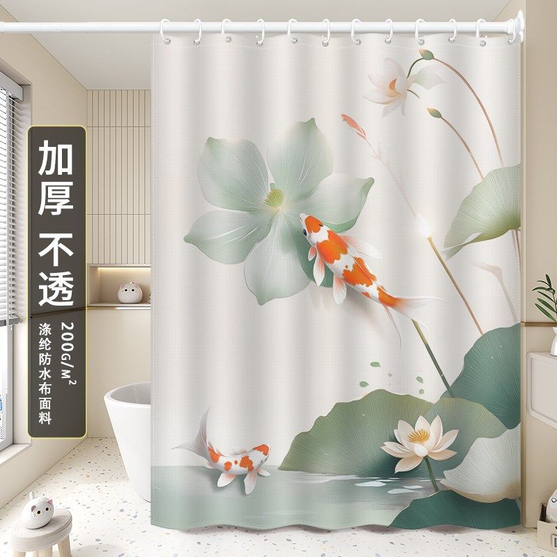 新中式浴室防水浴帘加厚套装免打孔吉祥锦鲤荷花卫生间防霉隔断帘