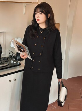 200斤大码女装套装连衣裙外搭马甲2024冬胖mm显瘦针织两件套21927