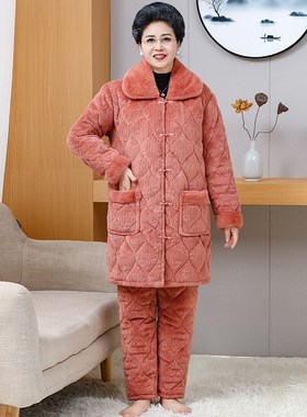 冬季中老年妈妈夹棉睡衣三层加厚珊瑚绒长袍睡袍加大码家居服套装