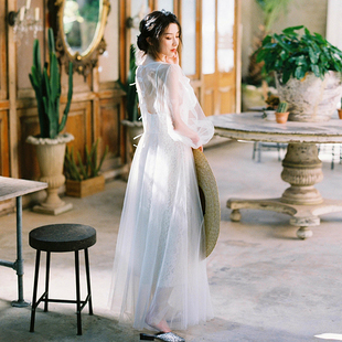【白小仙】轻婚纱2021新款夏季法式复古森系新娘简约吊带蕾丝长裙