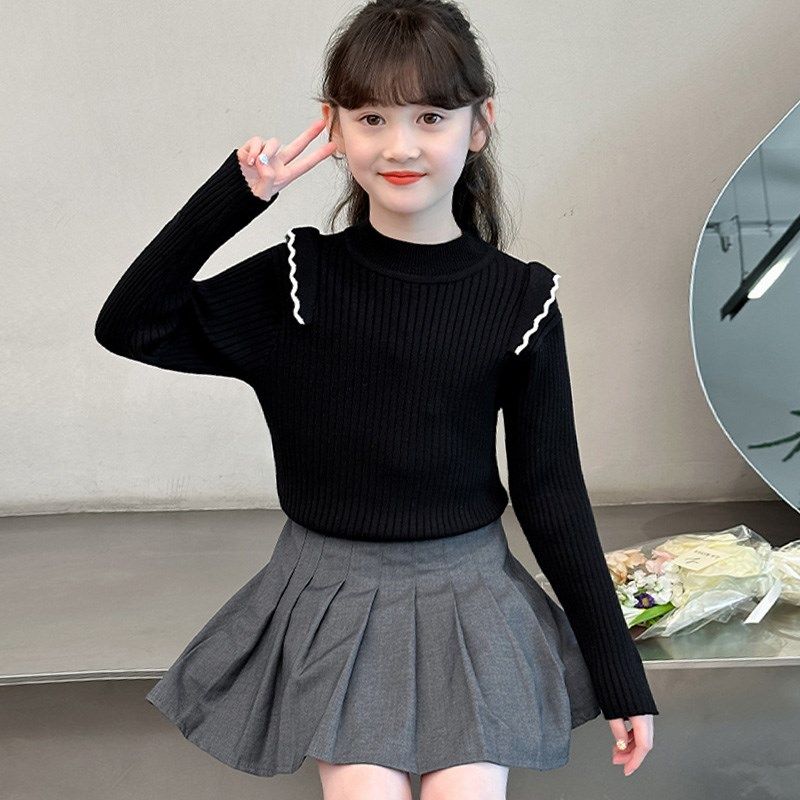 女童毛衣春秋女童打底衫2025新款春季黑色针织一体绒白色内搭线衣