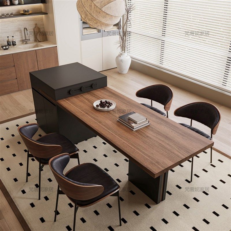 中古风岩板岛台餐桌一体家用胡桃木纹可伸缩多功能储物高级餐岛台,住宅家具,岛台餐桌,淘宝优惠券,粉丝福利购,淘宝优惠卷