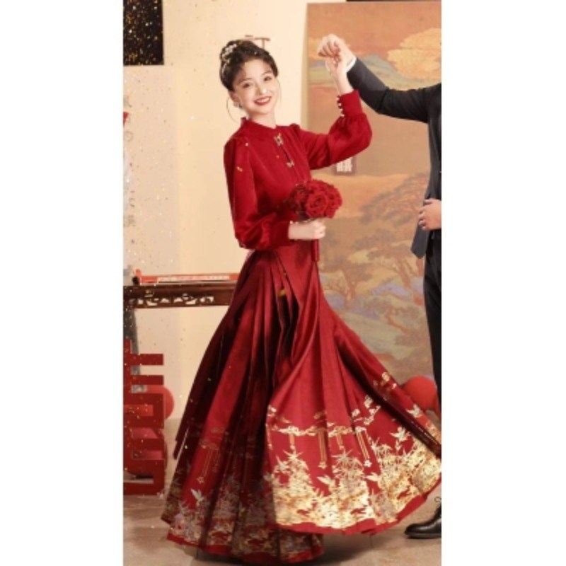 新中式结婚礼服订婚套装女秋冬大码胖mm敬酒服新娘旗袍红色面裙子