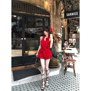 南理香罗斯林玫瑰 夏日绝美海边度假红色两件套女夏性感挂脖上衣