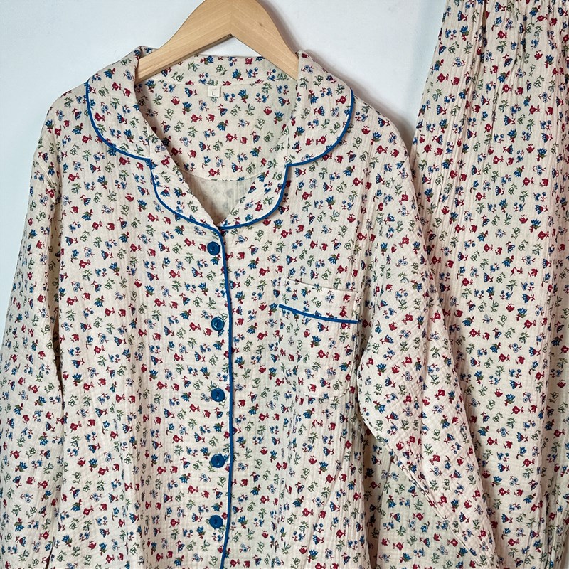 纯棉绉纱睡衣女春秋长袖薄款家居服碎花简约全棉套装