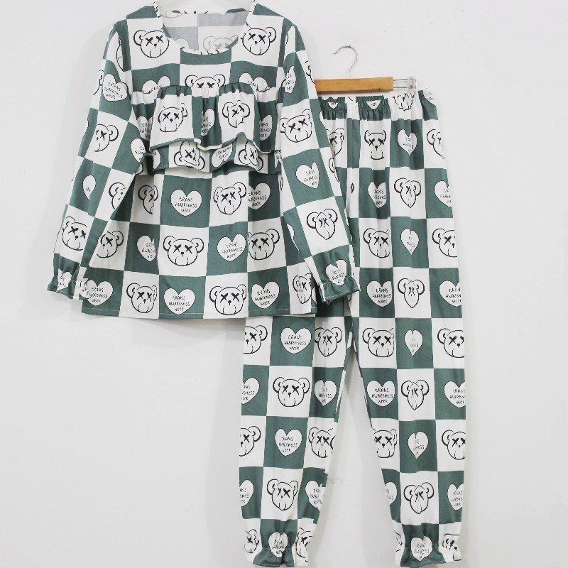 睡衣防凸点上衣A类纯棉斜纹胸前荷叶边棉布格子套装女春秋家居