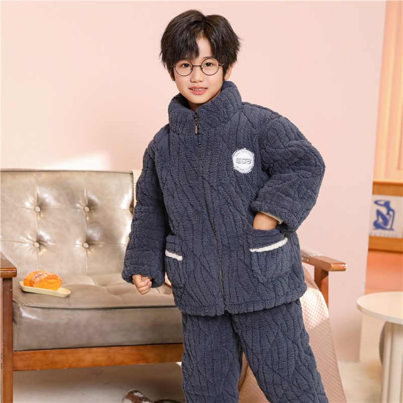 儿童睡衣女孩冬季三层夹棉珊瑚绒加厚款男童法兰绒拉链家居服套装