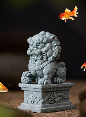 创意青砂石中国风石狮子一对茶宠摆件家居客厅鱼缸造景桌面装饰品