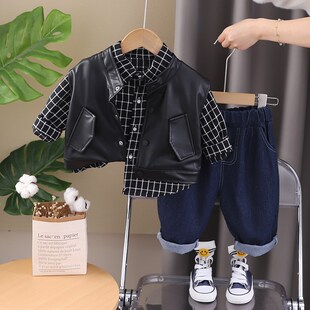 男童春秋套装2024新款宝宝春装皮衣马甲三件套婴儿小童衬衣男孩潮