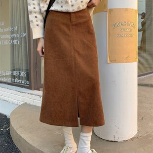 大码灯芯绒半身裙女秋冬高级感温柔风中长款开叉显瘦配毛衣长裙子
