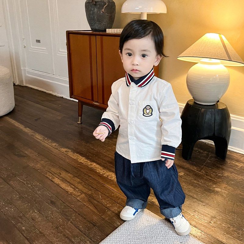 男童衬衫长袖Polo领衬衣学院风童装宝宝白衬衣白色上衣秋装男新潮