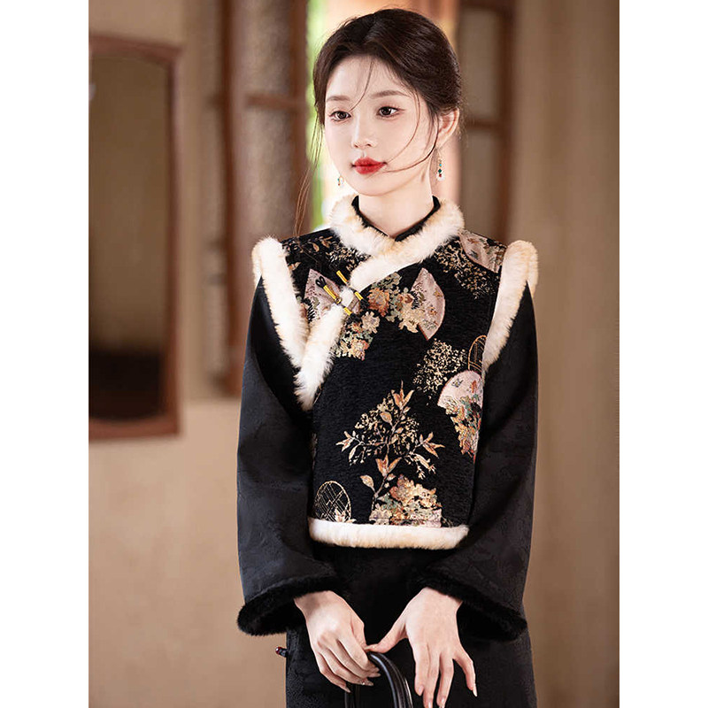 【冬声赋】潇夫人自制复古风新中式国风百搭黑色旗袍季马甲套装