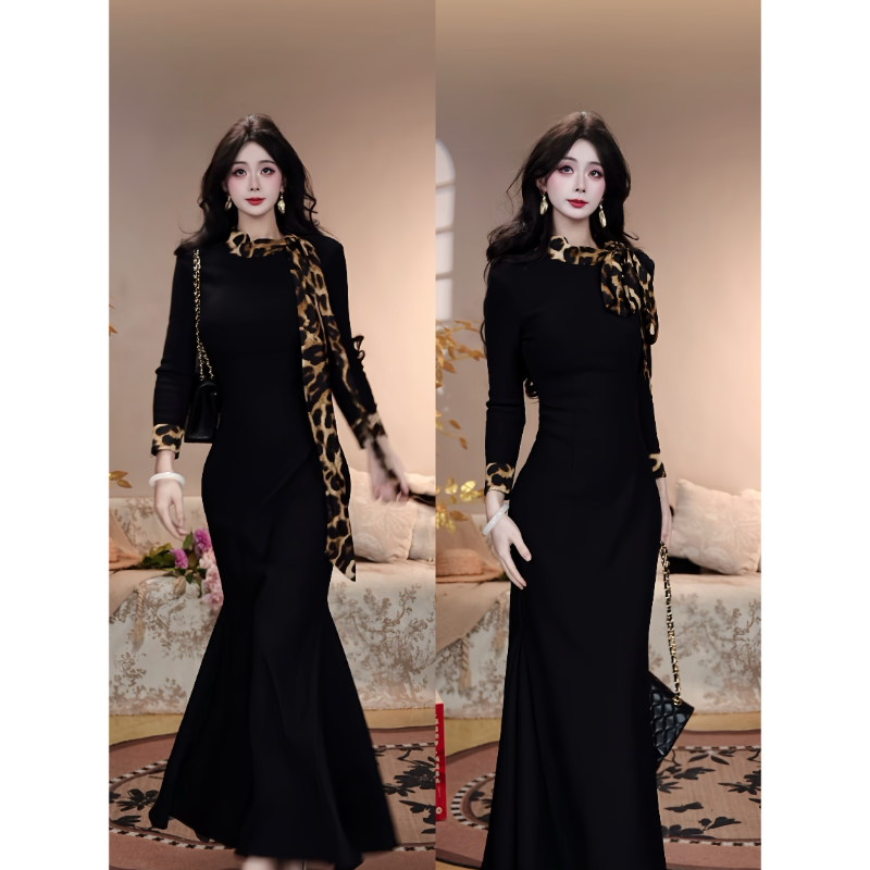 【豹纹小姐-加绒】潇夫人自制新中式改良旗袍显瘦黑色长款连衣裙