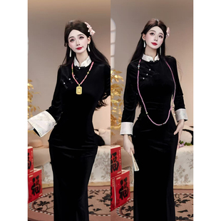 【言亭序】潇夫人自制秋冬中式贵气丝绒旗袍连衣裙  蓬莱粉