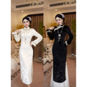 漆月 加绒 潇夫人自制黑色旗袍新中式 复古高端修身 国风连衣裙