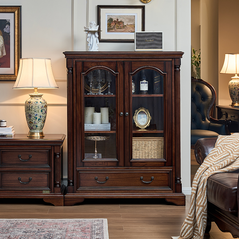 艾诗蒂美式复古胡桃木玻璃门酒柜