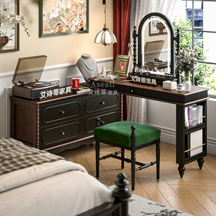 【新品】中古风法式卧室转角实木化妆桌梳妆台斗柜收纳柜书桌一体