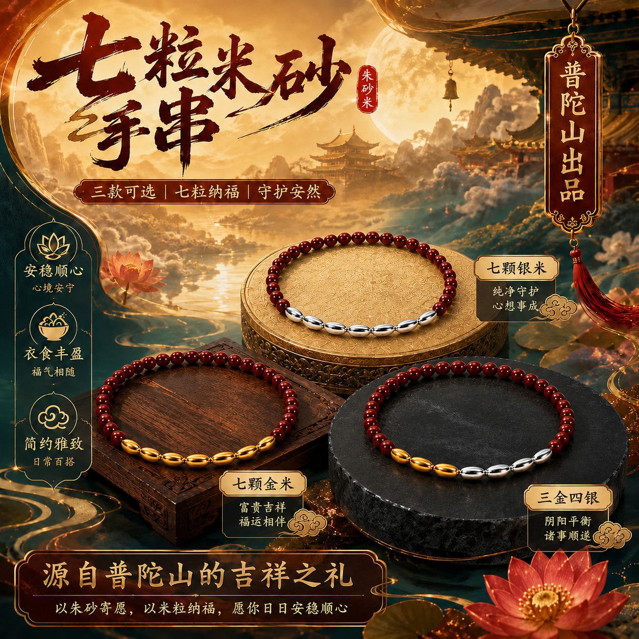 普陀山朱砂七粒米招财转运手串