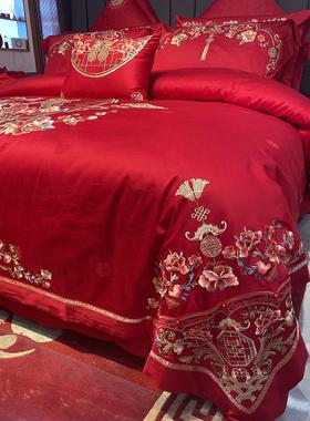 140s支长绒棉婚庆四件套大红色龙凤婚房全棉喜被子结婚四六十件套