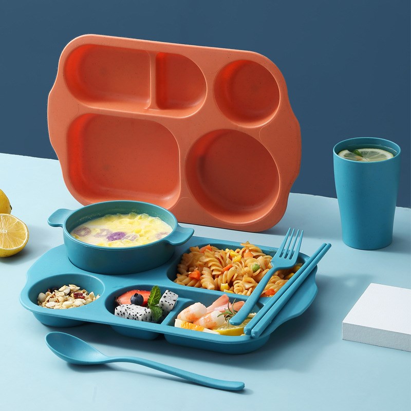 速发小麦餐秆童儿分格餐盘碗水杯秸具六件套装便携家用幼儿园防摔