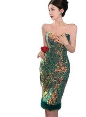 速发名媛复古绿色珠片包闪闪臀聚会晚礼服气带性感吊质连衣裙