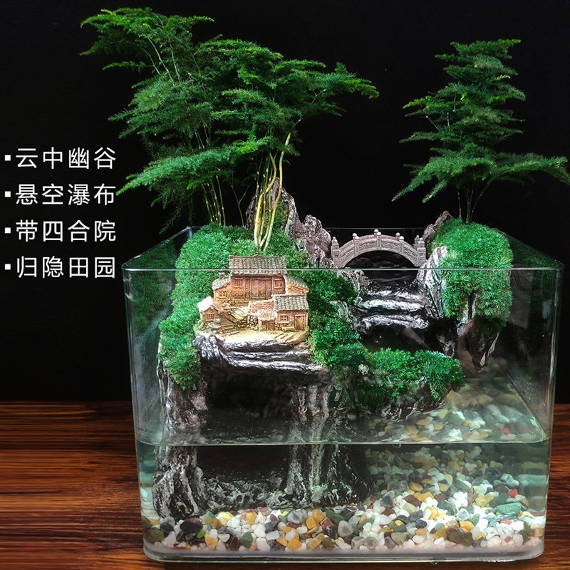 速发流水版苔藓微景观鱼缸盆栽植物生态瓶盆景双瀑室内水陆缸造景