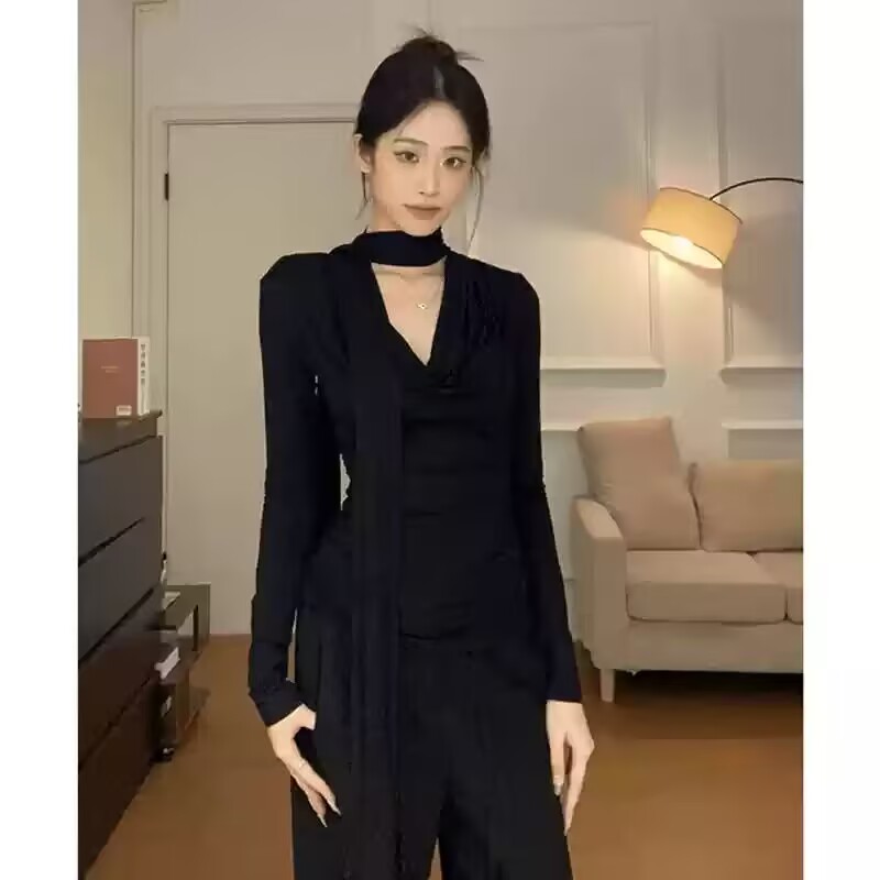 速发黑色飘带领荡长袖T恤早高级底褶皱内搭打感衫上衣
