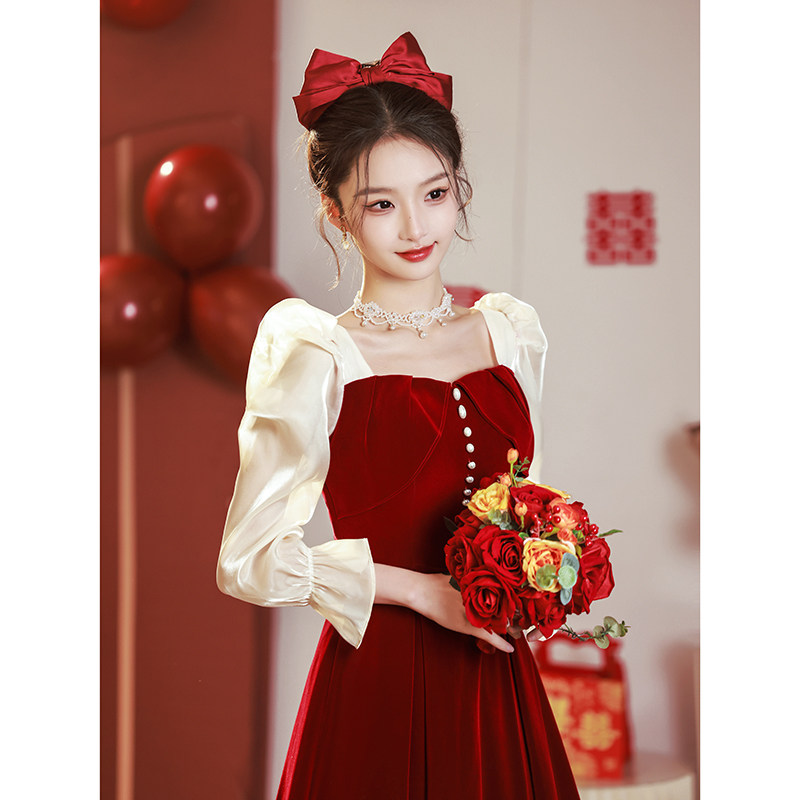 速发夏酒服202新款色娘酒红新平时可穿订婚礼服纱袖出阁宴敬法式