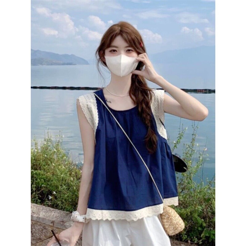 速发竹节棉蕾丝花边拼接无袖夏季设计感娃娃衫气质甜美小衫上衣
