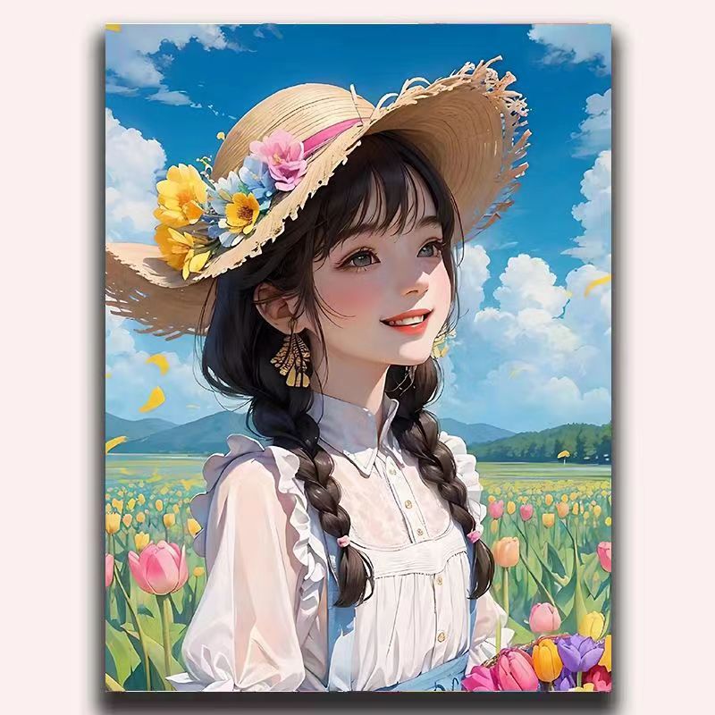 速发向日葵孩数字油画填工手充画手绘丙烯填彩画涂色肌理油色画