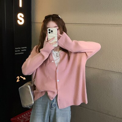 速发粉色针2衫薄款春季20织新款装毛开衣衫外搭高级感宽松长袖上