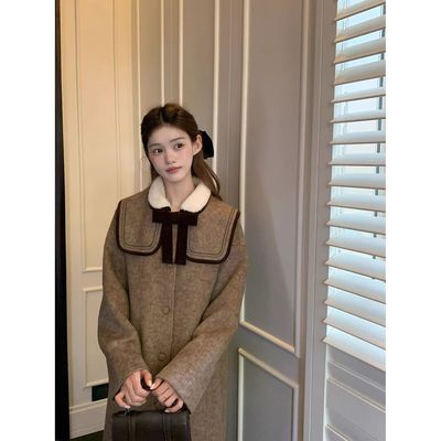 古着磨痕 法式复古毛绒翻领毛呢大衣女25秋冬新款小个子显瘦外套