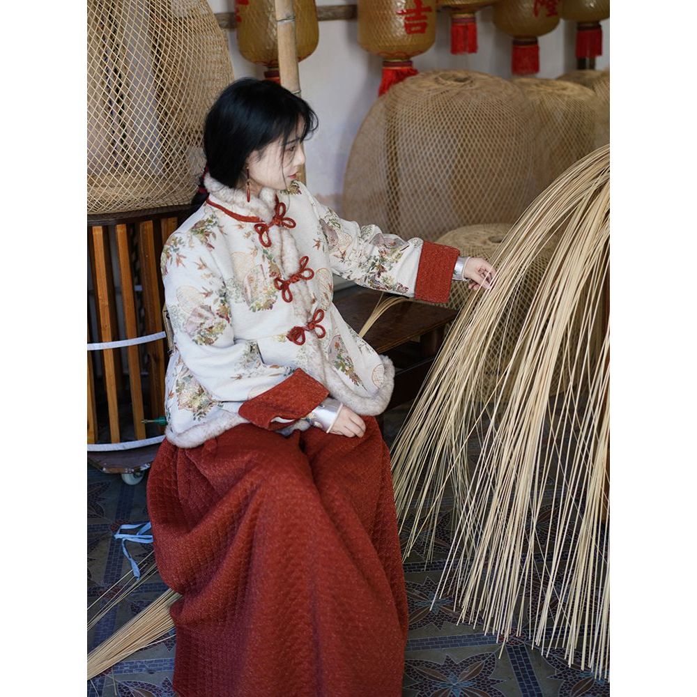 国风棉服+撒金红半裙中式旗袍连衣裙新款国风复古秋冬款两件套装