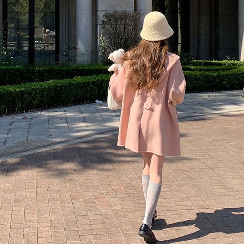 粉色大衣女2025秋冬新款中长款牛角扣毛呢子外套