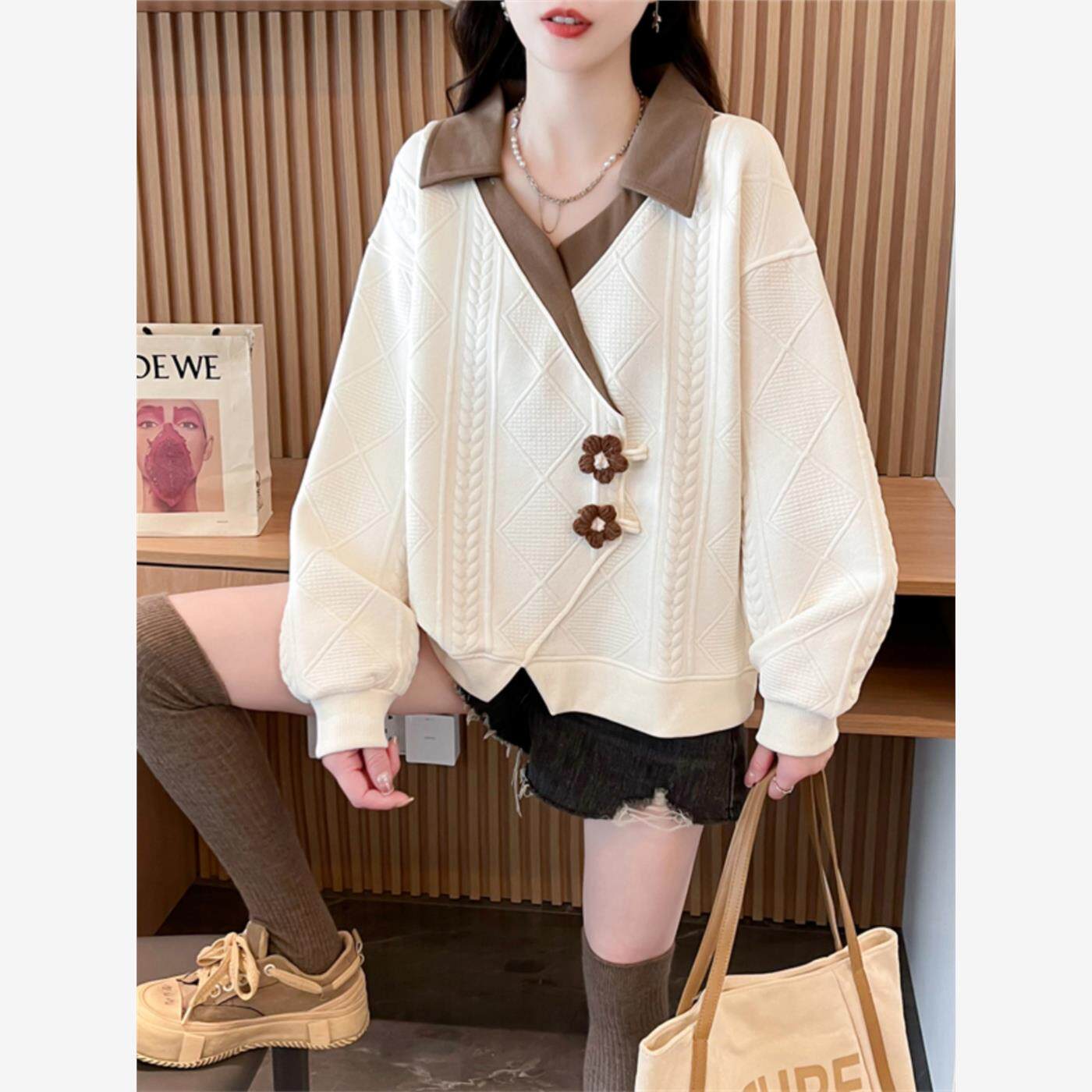 大码女装撞色polo领卫衣女秋冬新款韩系设计感不规则小众宽松上衣