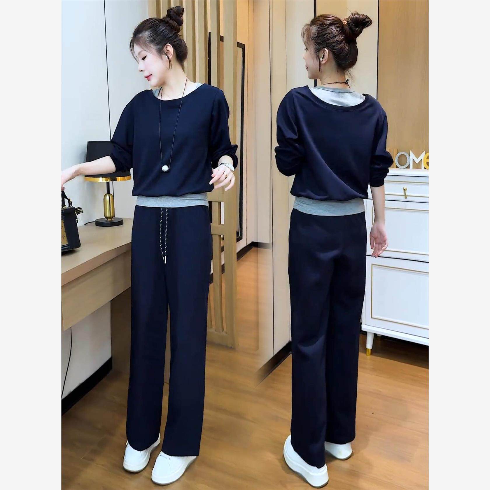 时尚休闲套装女2025秋季新款洋气显瘦假两件长袖卫衣阔腿裤两件套