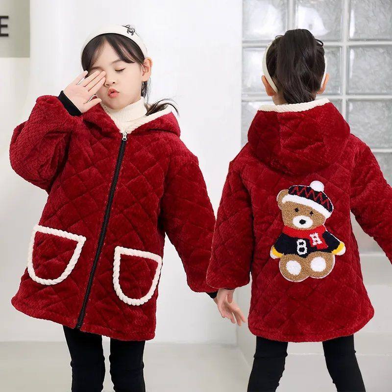 儿童罩衣女孩连帽围裙加绒羽绒服长袖加厚防脏护衣保暖中大童外套