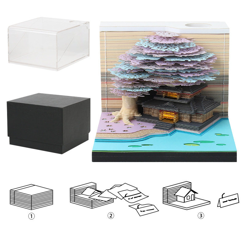 极速花团锦簇3d立体便签本纸雕便签纸日历树屋建筑带灯可撕创意礼