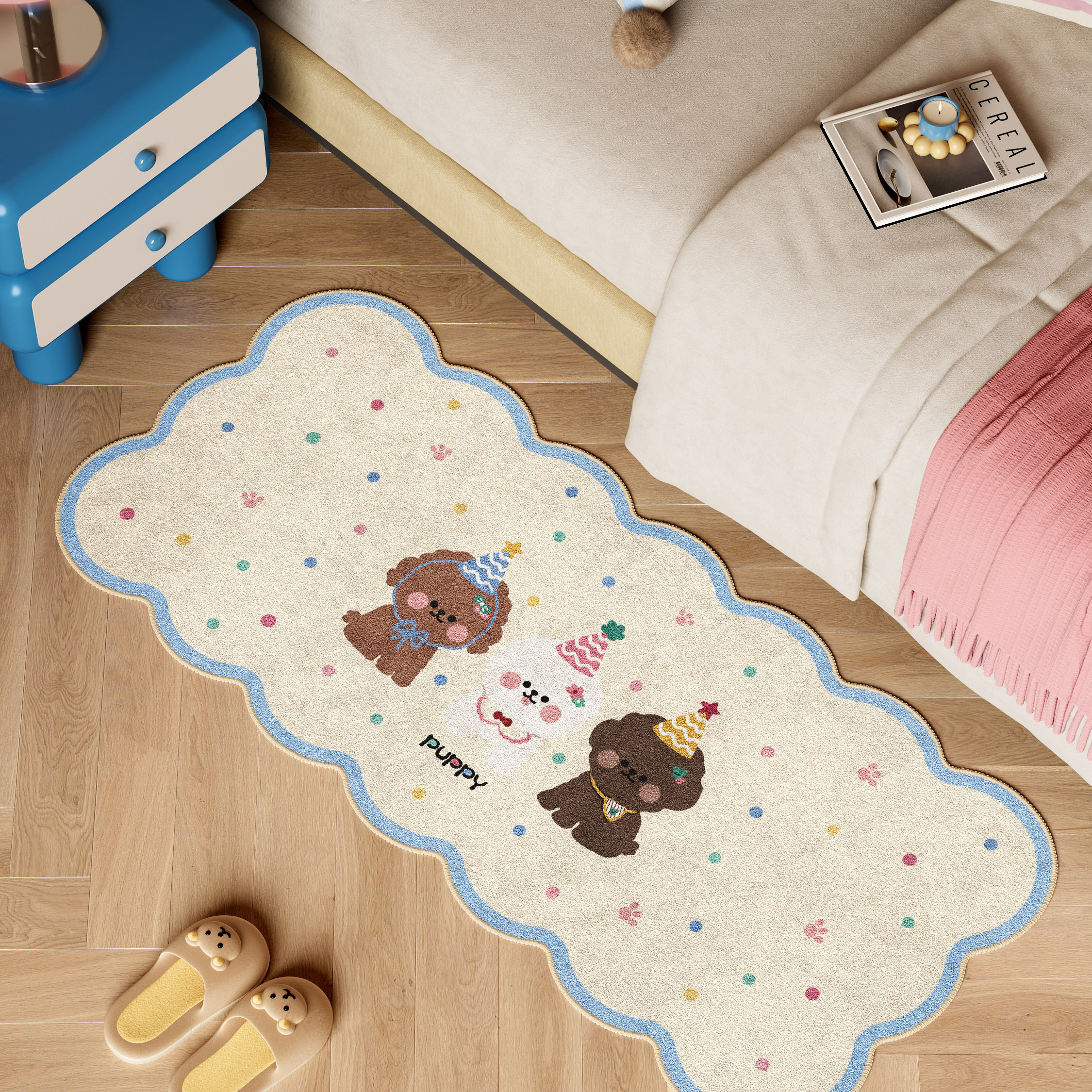 Hi皮小狗卡通可爱家用床边地毯卧室主卧儿童房长条防水防滑耐磨垫,居家布艺,床边毯,淘宝优惠券,粉丝福利购,淘宝优惠卷