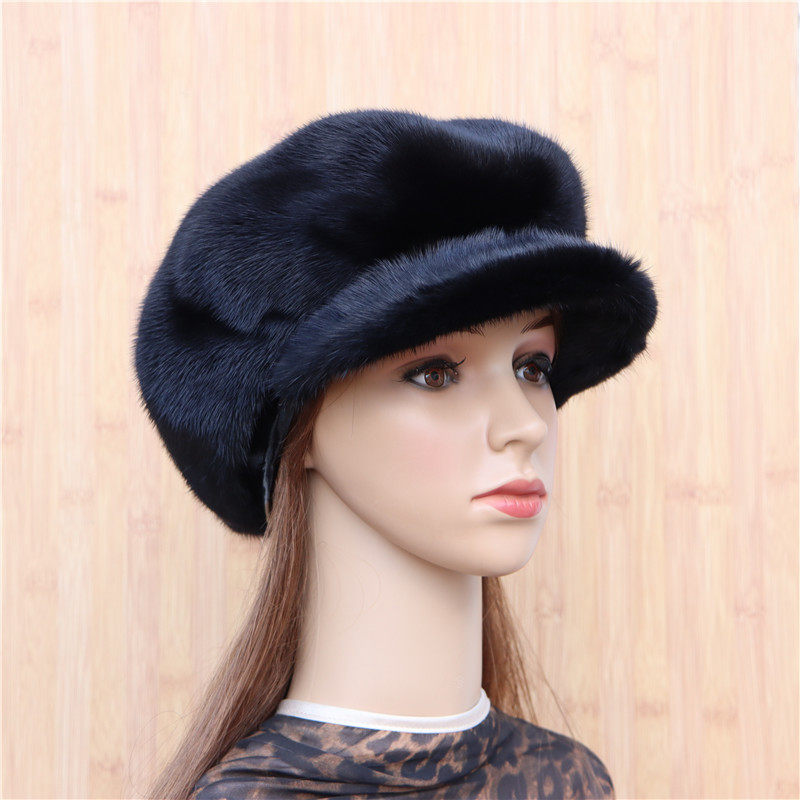 进口整貂走秀款贝雷帽子女貂绒时尚保暖水貂蓓蕾帽檐帽皮草新品冬