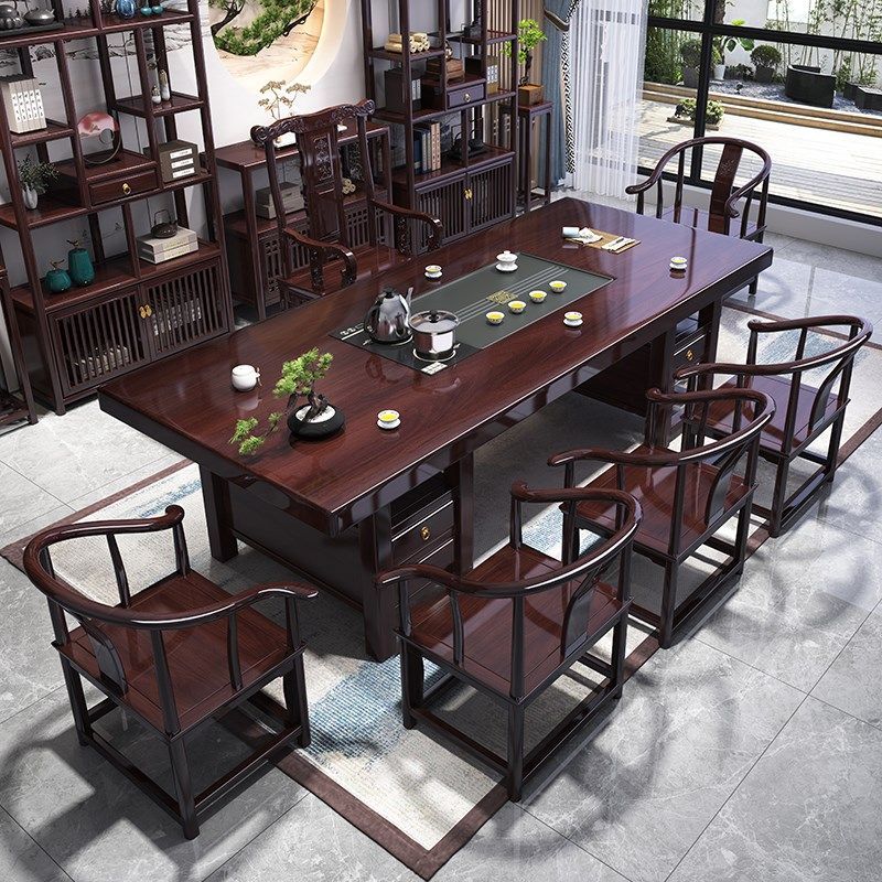 速发实木大板茶桌椅组合新中式一桌五椅用几紫黄黑檀色家茶办泡公