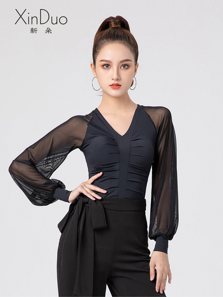 速发连体V舞长袖舞蹈服服级拉丁领服跳舞上衣新款黑色练功高