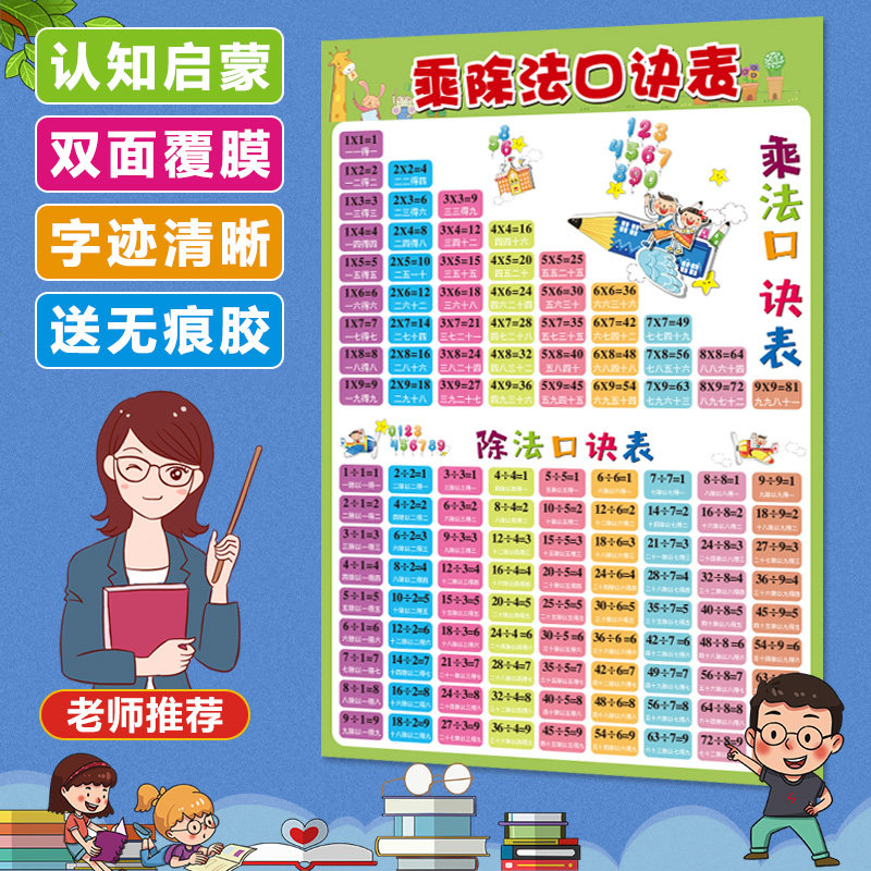 速发小学生一二年级挂学天天练除九乘九法表墙贴儿童乘法口诀表数