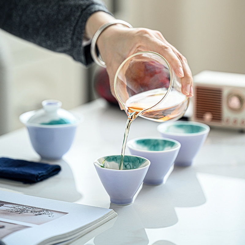 日式木槿紫手绘小盖碗三杯可携式旅行包陶瓷快客杯女V士功夫茶具