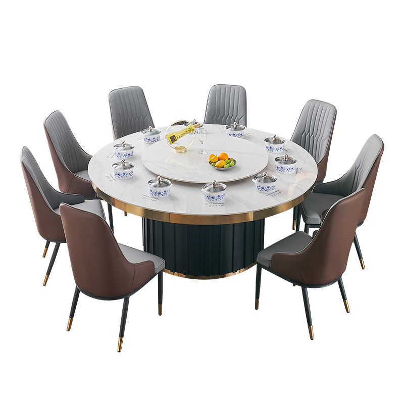 酒店电动餐桌岩板大圆桌带转盘火锅桌电磁炉商用一体10Y人饭店桌