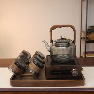 煮茶壶2025新款胡桃木电陶炉玻璃提梁壶大容量烧水壶煮茶器套装