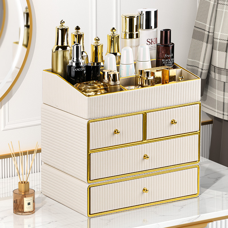 卧室梳妆台高级感k皮革收纳盒抽屉式桌面化妆品置物架大容量防尘