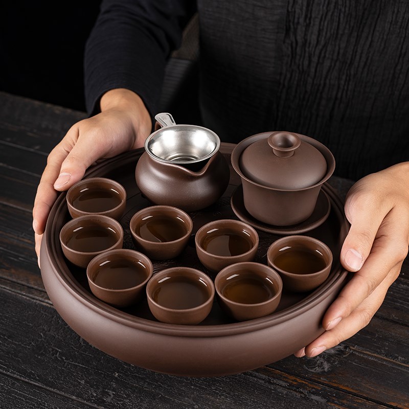 紫砂功夫茶具套装茶杯茶壶茶盘整套陶瓷茶具圆形茶洗X蓄水家用茶